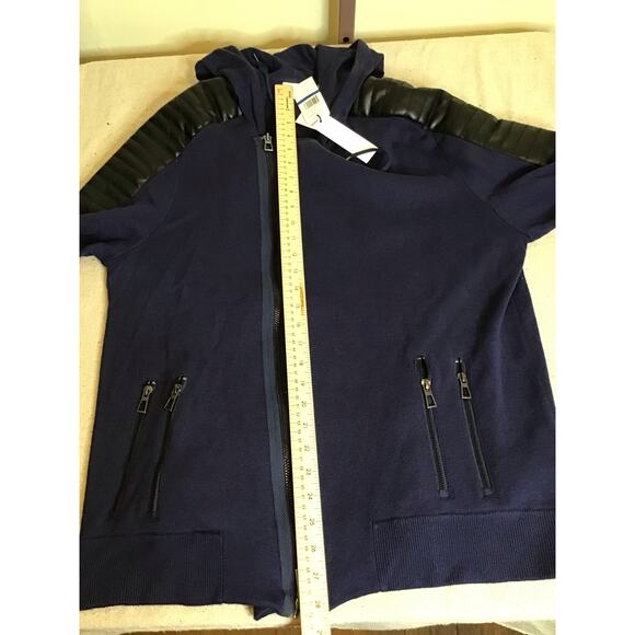 Calvin Klein Moto hoodie Full zip Sweater Faux Leather Shoulder Sz. XL Blue NWT - Picture 5 of 10